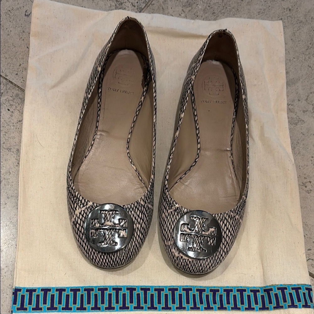 Tory Burch Reva Ballet Flat in Black & Cream Snake Print